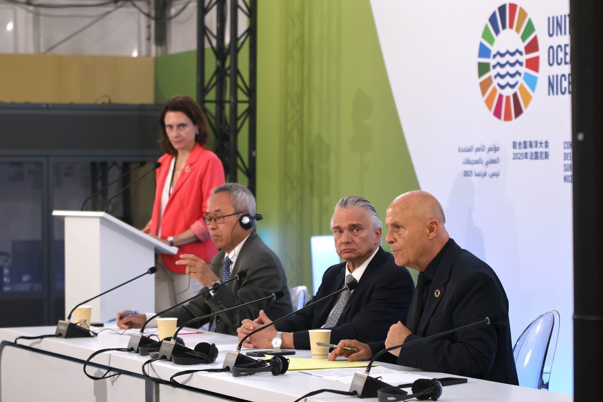 Olivier Poivre d'Arvor (right), France's special envoy for the conference, at UNOC3;s closing press conference, in Nice.