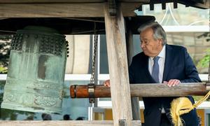 Secretary-General António Guterres rings the Peace Bell during the ceremony held at UN headquarters in observance of the International Day of Peace 2024 (21 September).