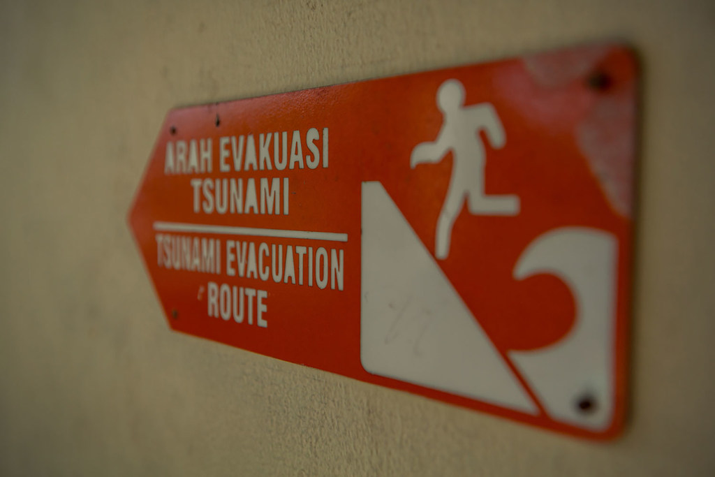 Primer plano de una señal roja y blanca de ruta de evacuación por tsunami montada en una pared.