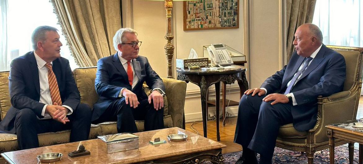 Tor Wennesland (centre), UN Special Coordinator for the Middle East, and Philippe Lazzarini, head of the UN relief agency for Palestine refugees (UNRWA), meet with Foreign Minister Sameh Hassan Shoukry Selim (right) of Egypt to discuss the Israel-Palesti…