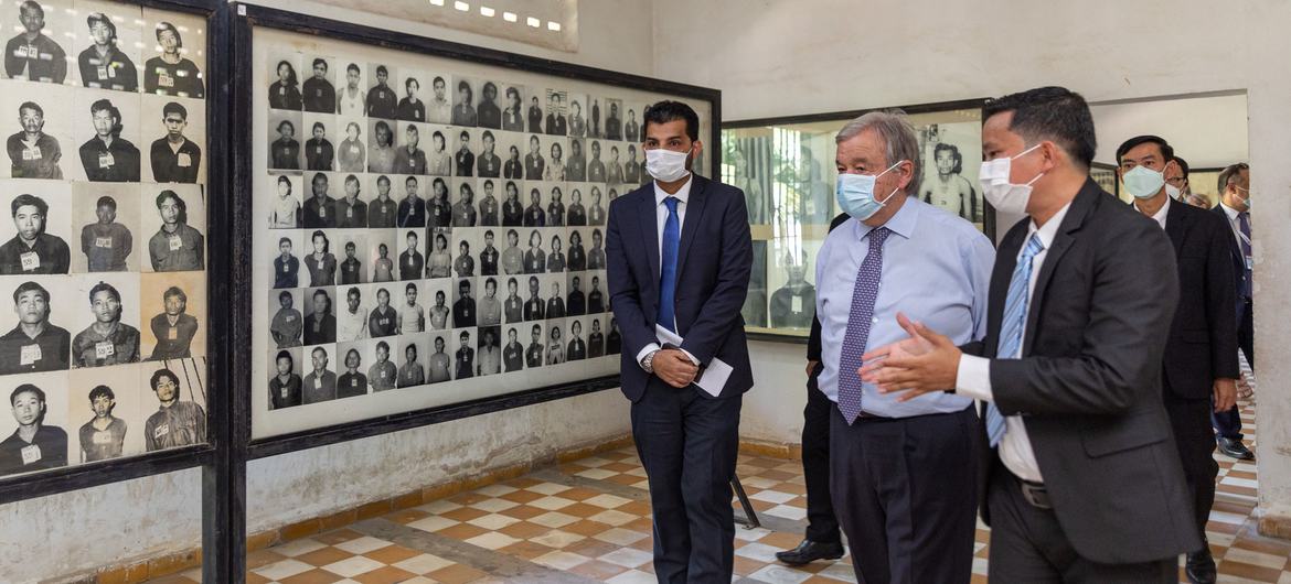 UN Secretary-General António Guterres views a wall of photographs of prisoners of the Khmer Rouge regime in one of the rooms of Tuol Sleng Genocide Museum, the site of the infamous Security Prison S-21 in Phnom Penh, Cambodia.