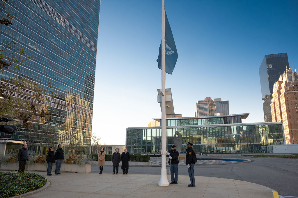 The United Nations flag is lowered to half-mast at UN Headquarters to honour colleagues killed in Gaza.