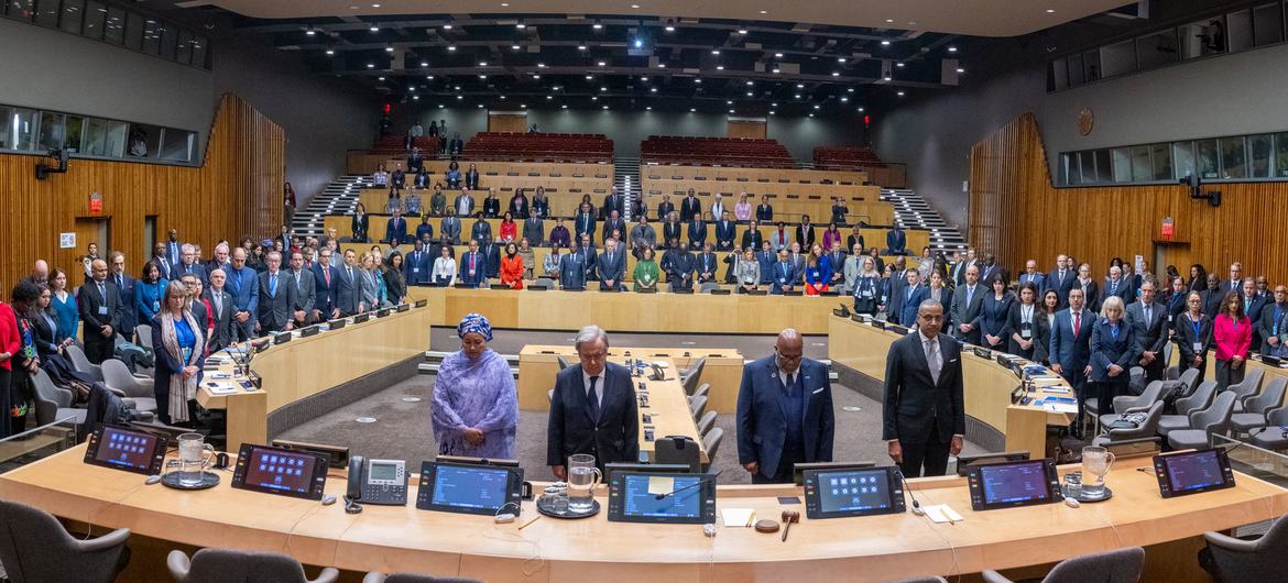 Secretary-General António Guterres leads minute of silence at UN Headquarters in New York in remembrance of colleagues killed in Gaza.