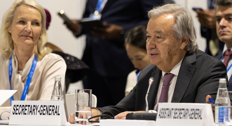 UN Secretary-General António Guterres addresses a High-Level Event on Critical Energy Transition Minerals during the UN climate conference, COP29, in Baku Azerbaijan.