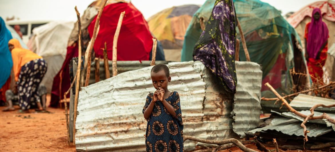 在索马里多洛的国内流离失所者营地里，一名小女孩站在她家的帐篷前。