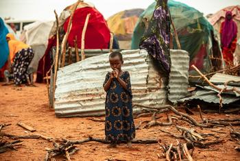 在索马里多洛，一名年幼的女孩站在一个境内流离失所者营地中，这里就是她的家。