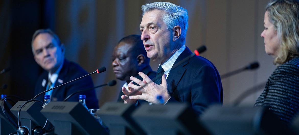 UN High Commissioner for Refugees Filippo Grandi delivers his keynote remarks during the orientation session at the Global Refugee Forum 2023.