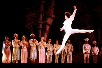 A male ballet dancer plays the character of the Nutcracker in the ballet by Pyotr Ilyich Tchaikovsky.