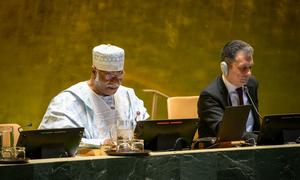 Philemon Yang (left), President of the 79th session of the General Assembly, briefs on his priorities for 2025.