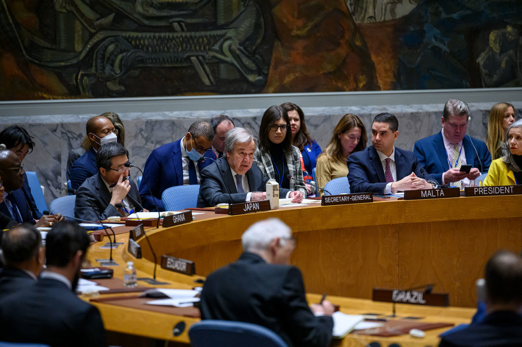 Le Secrétaire général Antonio Guterres durant le débat du Conseil de Sécurité sur l'élévation du niveau des mers.