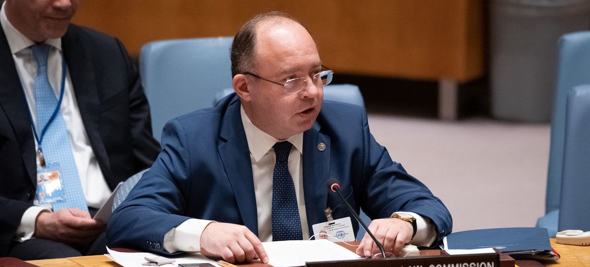 Bogdan Aurescu, Co-Chair of the International Law Commission Study Group on Sea-Level Rise and Minister for Foreign Affairs of Romania, addresses the Security Council meeting on Sea-level rise and its implications for international peace and security.
