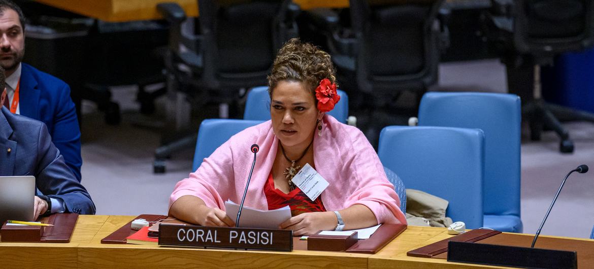 Coral Pasisi, Direktur Perubahan Iklim Komunitas Pasifik (SPC) dan Presiden Tofia Niue, memberi pengarahan pada pertemuan Dewan Keamanan tentang kenaikan permukaan laut dan implikasinya bagi perdamaian dan keamanan internasional.