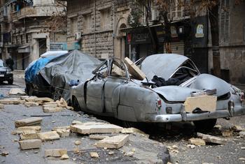 The destructive force of the earthquake is visible in the Baghdad Street neighbourhood of Aleppo, Syria.