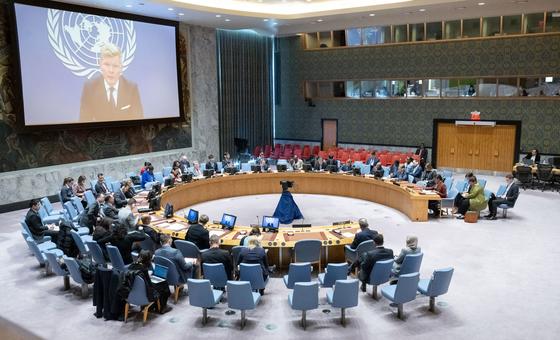 من الأرشيف: المبعوث الأممي إلى اليمن هانس غروندبرغ يتحدث أمام مجلس الأمن الدولي عبر دائرة اتصال مغلقة.