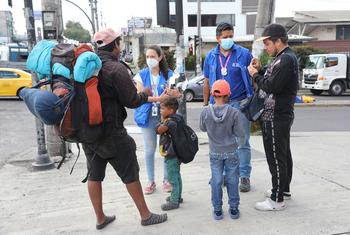 Los equipos de la OIM conducen diariamente un remolque humanitario por las carreteras de Quito, la capital ecuatoriana, proporcionando a los migrantes venezolanos en tránsito paquetes de alimentos, agua, kits de higiene, ropa para el frío e información s…