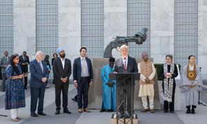 Secretary-General António Guterres addresses attendees to the Interfaith Moment of Prayer for Peace at UN Headquarters. 