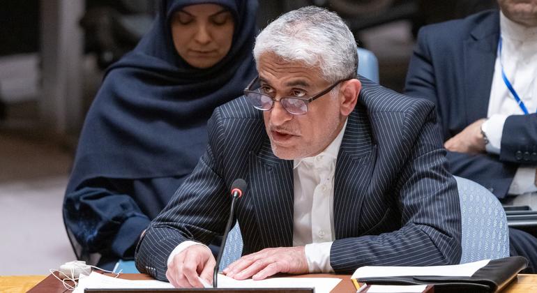 Iran’s ambassador to the United Nations, Amir Saeed Iravani, addresses the Security Council meeting on his country's attacks on Israel.