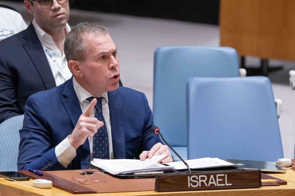 Israeli representative speaks at a podium during a UN Security Council meeting in New York.