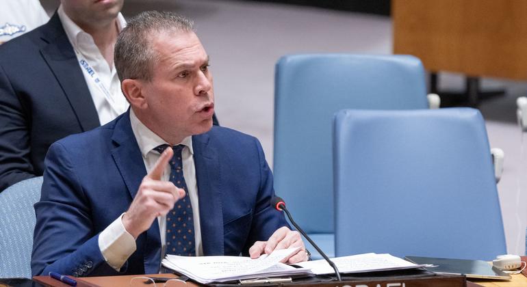 Ambassador Gilad Erdan​ (at table) of Israel addresses the United Nations Security Council following Iran's attacks on his country.