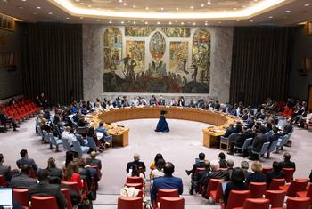 قاعة مجلس الأمن الدولي. يضم المجلس 15 عضوا، منهم 5 دائمو العضوية يتمتعون بحق النقض (الفيتو).