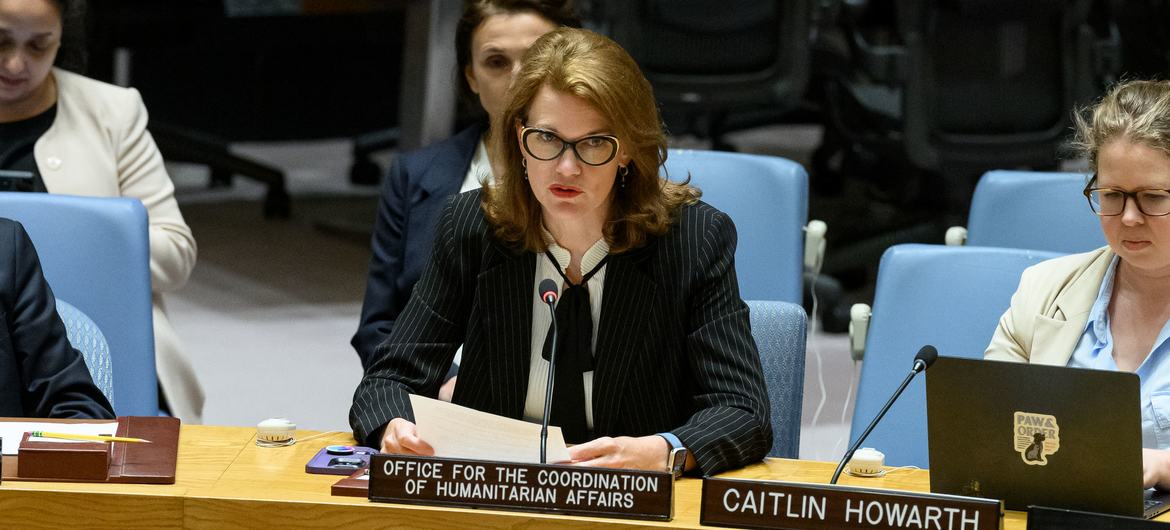 Lisa Doughten, Director of the Financing and Partnerships Division of the Office for the Coordination of Humanitarian Affairs (OCHA), briefs the Security Council meeting on maintenance of peace and security of Ukraine.