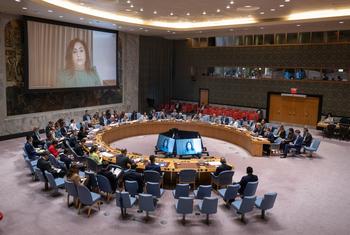 مشهد واسع لاجتماع مجلس الأمن حول الوضع في اليمن. على الشاشة دينا المأمون، مديرة مكتب اليمن في مركز المدنيين في النزاعات.