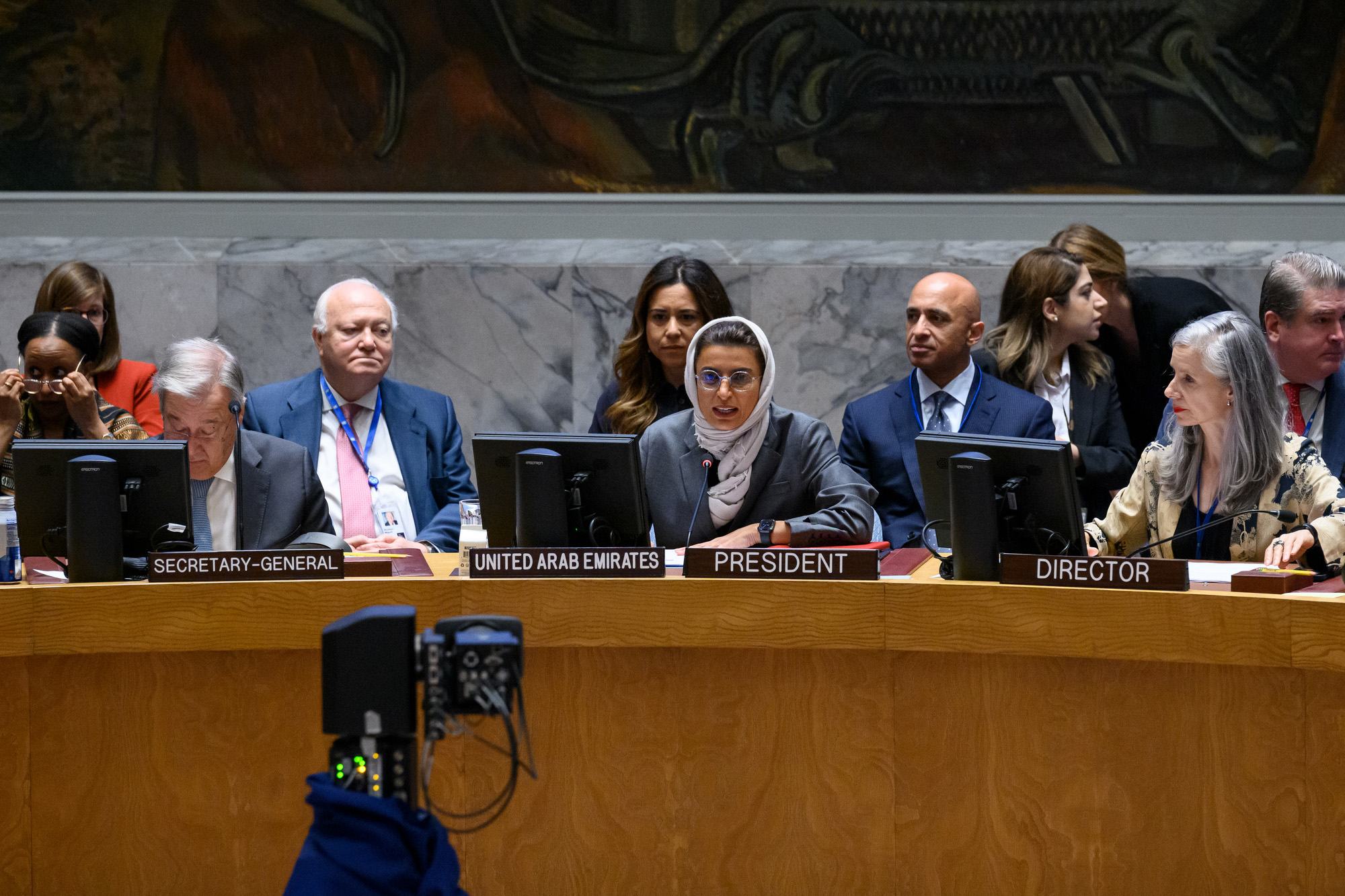 السيدة نورة بنت محمد الكعبي وزيرة الدولة في وزارة الخارجية في دولة الإمارات العربية المتحدة ترأس جلسة مجلس الأمن على المستوى الوزاري حول "قيم الأخوة الإنسانية في تعزيز السلام واستدامته"