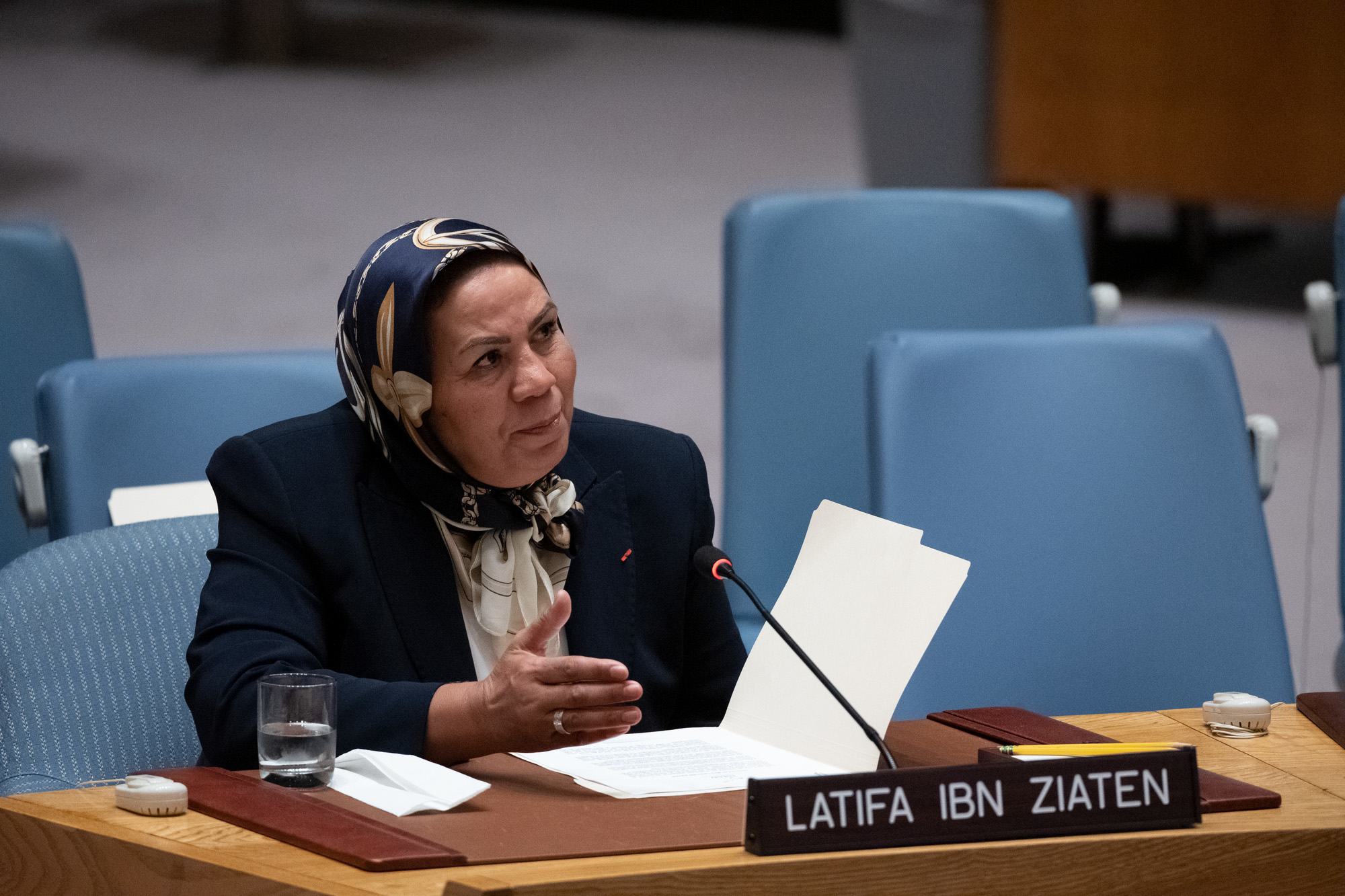 السيدة لطيفة بن زياتن رئيسة ومؤسسة جمعية عماد للشباب والسلام تلقي كلمة أمام جلسة مجلس الأمن حول "قيم الأخوة الإنسانية في تعزيز السلام واستدامته".