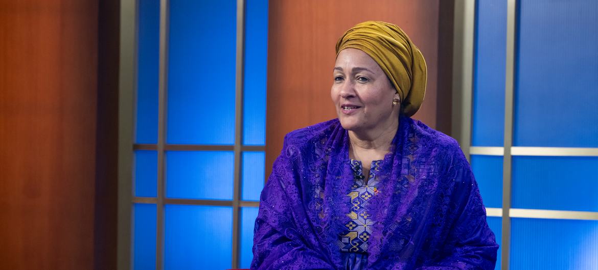 Deputy Secretary-General Amina Mohammed being interviewed by UN News about the Sustainable Development Goals (SDGs).