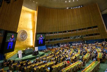 Une vue d'ensemble de la salle de l'Assemblée générale des Nations Unies.