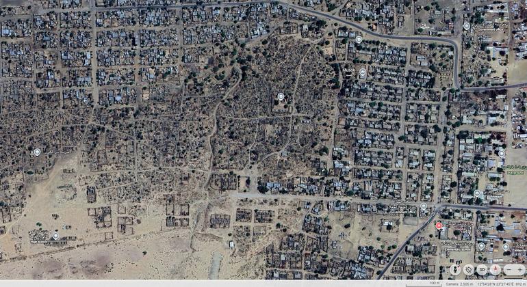 Imagen de Google Earth de Zalingei a fecha de 21 de marzo de 2025, en la que se aprecian signos evidentes de destrucción de viviendas en la parte sur de la ciudad.