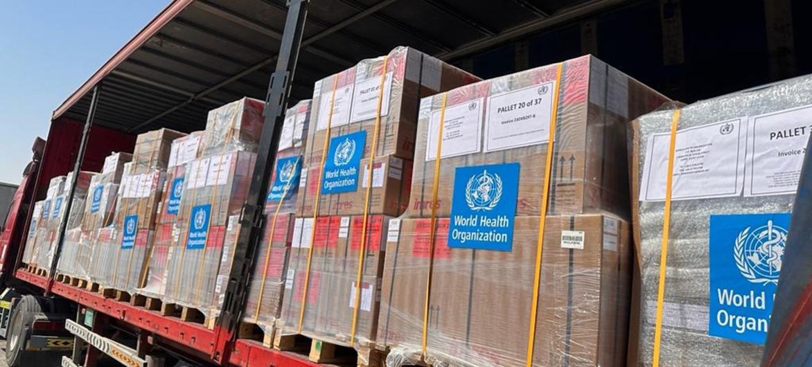 Health supplies for Gaza are dispatched from the WHO logistics hub in Dubai.