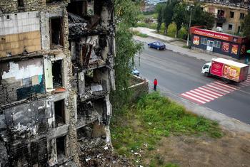 Un bâtiment endommagé à Borodianka, en Ukraine.
