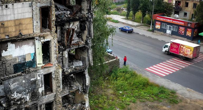 Un bâtiment endommagé à Borodianka, en Ukraine.