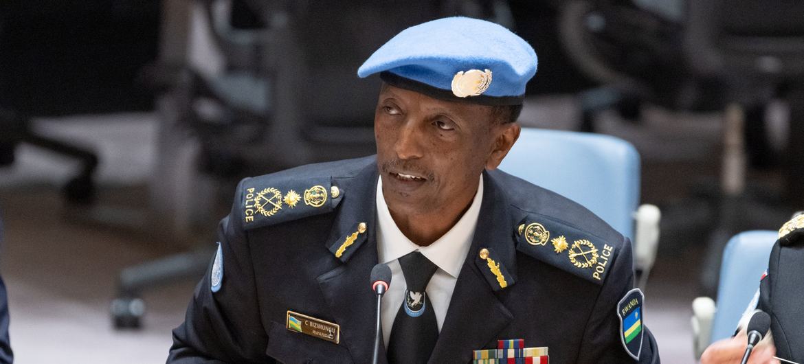 Christophe Bizimungu, Police Commissioner at UN Multidimensional Stabilization Mission in the Central African Republic (MINUSCA), briefs the Security Council meeting on United Nations peacekeeping operations and Police Commissioners.