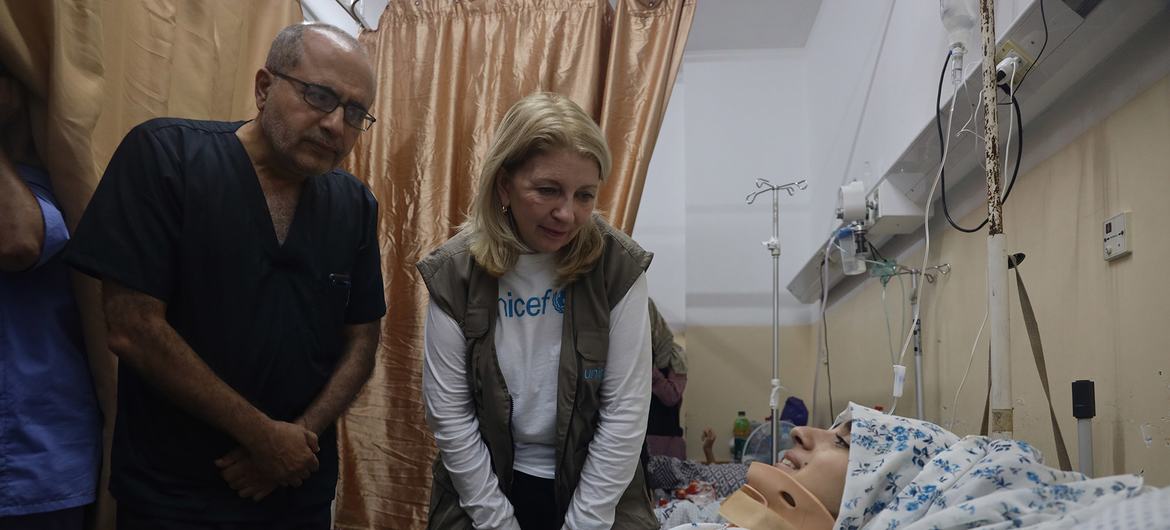 UNICEF Executive Director Catherine Russell visits Nasser Hospital in Khan Yunis, Gaza, where she met with patients and displaced families seeking shelter and safety,