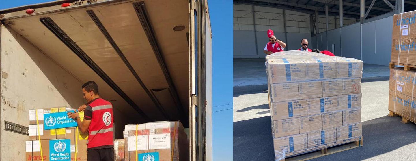 Red Crescent Society volunteers help to transport lifesaving supplies destined for Gaza.