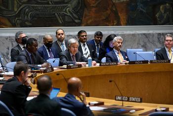 O secretário-geral António Guterres discursa na reunião do Conselho de Segurança sobre a manutenção da paz e segurança internacionais