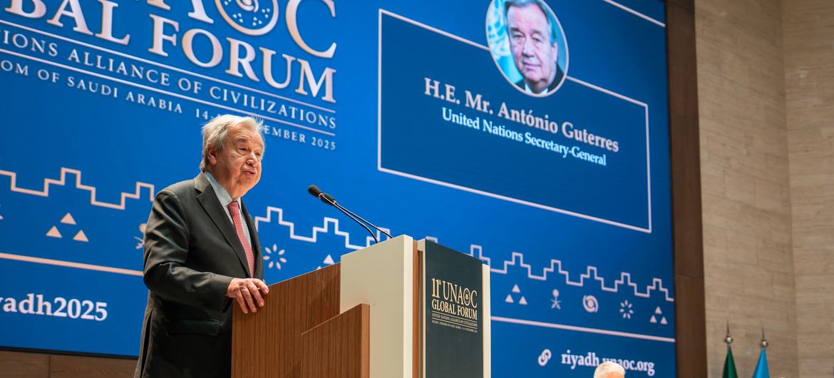 UN Secretary-General António Guterres delivers remarks to the opening of the 11th UN Alliance of Civilizations Global Forum, in Riyadh, Saudi Arabia.