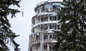 Damage to a building in the city of Kharkiv, close to the frontline and the Russian border. Civilian infrastructure has been heavily damaged amid frequent strikes in recent weeks.