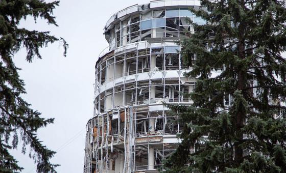  Damage to a building in the city of Kharkiv, close to the frontline and the Russian border. Civilian infrastructure has been heavily damaged amid frequent strikes in recent weeks.