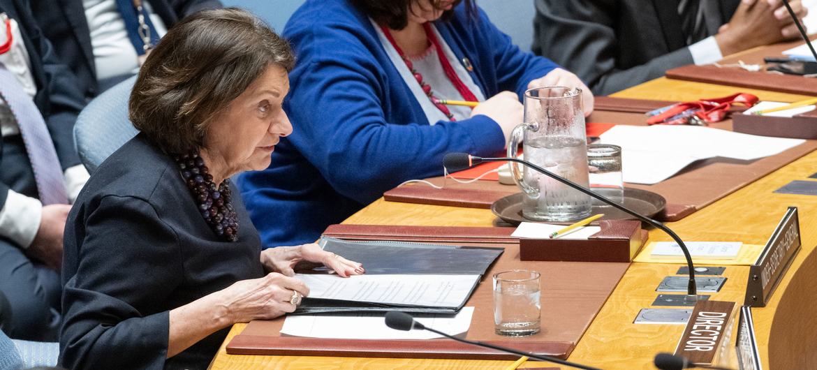 Rosemary DiCarlo, cheffe des affaires politiques de l'ONU, devant le Conseil de sécurité.