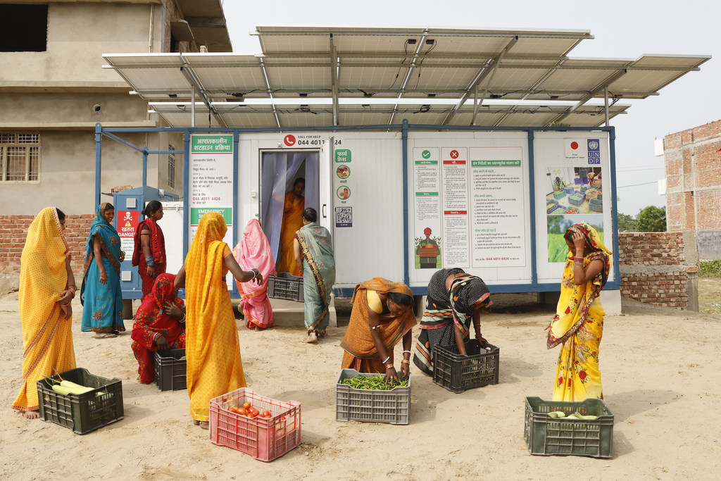 भारत के बिहार राज्य में महिला किसान UNDP द्वारा उपलब्ध कराए गए सौर ऊर्जा से चलने वाले कोल्ड स्टोरेज यूनिट का उपयोग अपनी फसल की सब्जियों को स्टोर करने के लिए करती हैं।