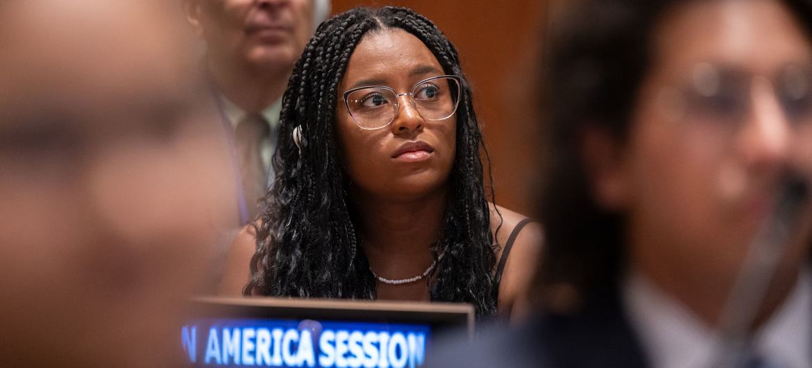 A participant attends the Economic and Social Council Youth Forum (ECOSOC) at UN Headquarters in New York. A participant attends the Economic and Social Council Youth Forum (ECOSOC) at UN Headquarters in New York.