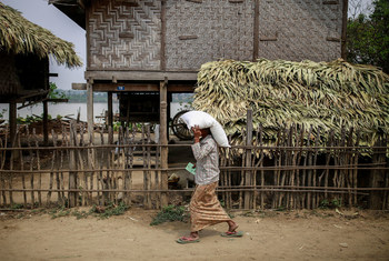 A woman carries a sack of fertilizer distributed by the UN in Yin Yane Village, Monywa, Myanmar. (file)