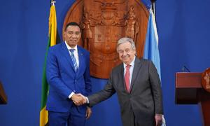 Secretary-General António Guterres (right) and Prime Minister Andrew Holness of Jamaica shake hands prior to their press conference in Kingston, Jamaica.