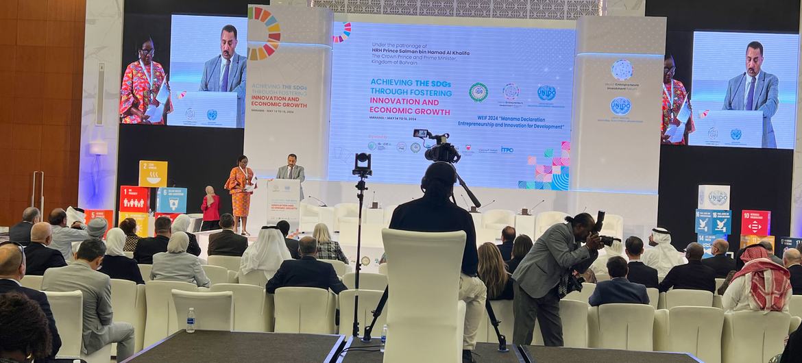 Dr. Hashim Hussein (on screen), Head of UNIDO’s International Technology and Innovation Promotion Office (ITPO) in Bahrain, presents the Manama declaration.