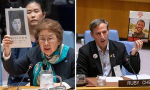 Sung-Eui Lee (izquierda), hija de Jong Ryung Lee, y Ruby Chen, padre de Itay Chen, se dirigen al Consejo de Seguridad.