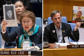 Sung-Eui Lee (izquierda), hija de Jong Ryung Lee, y Ruby Chen, padre de Itay Chen, se dirigen al Consejo de Seguridad.