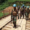 Walinda amani UMOJA WA MATAIFA , wakiwemo wanajeshi wa Indonesia na Tanzania, wanatembea kwenye daraja la muda la mbao wakati wa ukaguzi huko Beni, DRC.